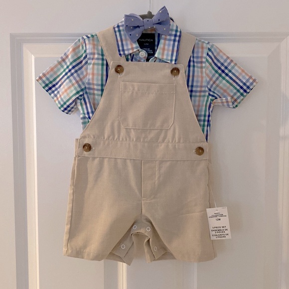 Nautica Baby Boy 12M 3-Piece Set Overalls Shirt Bow Tie - Picture 1 of 2